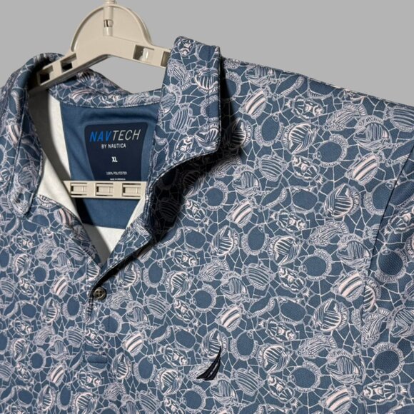 Nautica Men's NavTech Size XL Polo Shirt Blue and Pink Fish Pattern - Picture 1 of 4